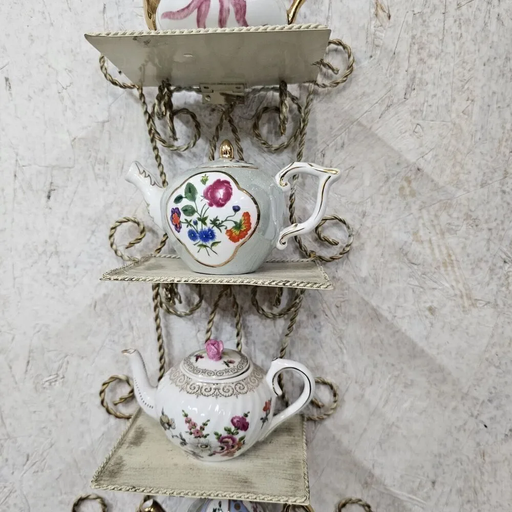 Lot Of 4 Mini Teapots Bow Flowers Coquette Wall Decor Hanger